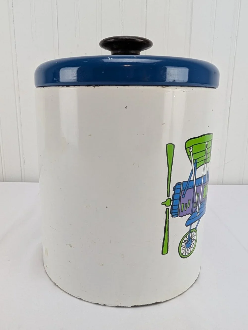 Vintage Ransburg Cookie Jar Tin U.S. Cookies Metal Lid Biplane Retro Airplane